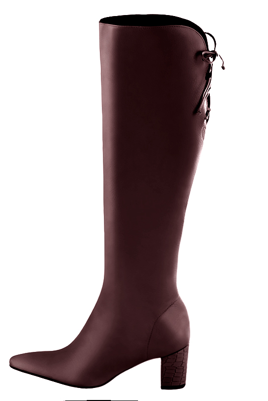 Custom-made women's burgundy red elegant knee-high boots, with laces at the back. Tapered toe. Medium block heels - Profile view